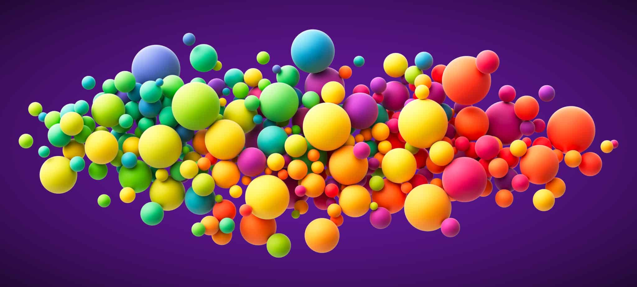 Colorful flying spheres background representing using color in marketing video for brand messaging