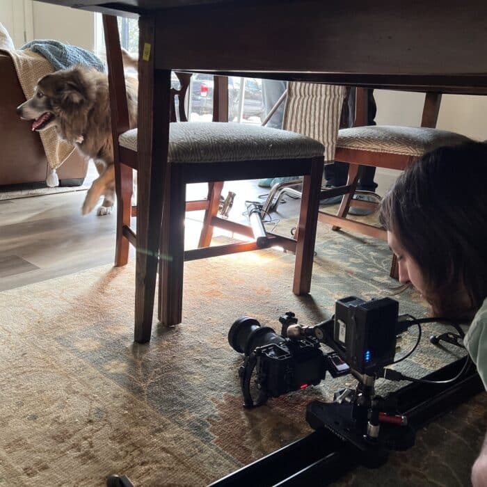 Behind the Scenes in Atlanta at a video production shoot filming a dog from under a table