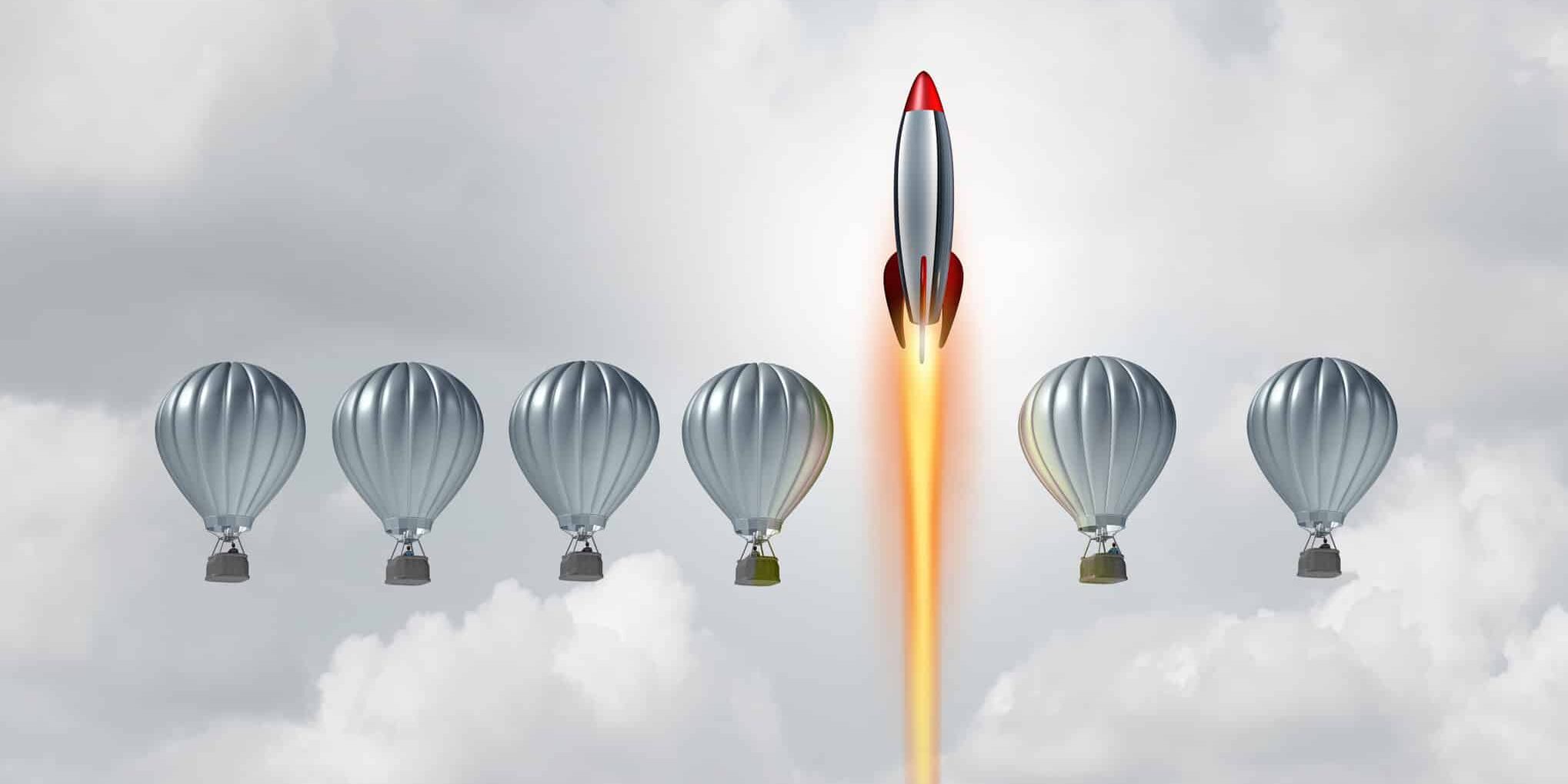 Rocket taking off next to hot air balloons representing how video transforms a business compared to others